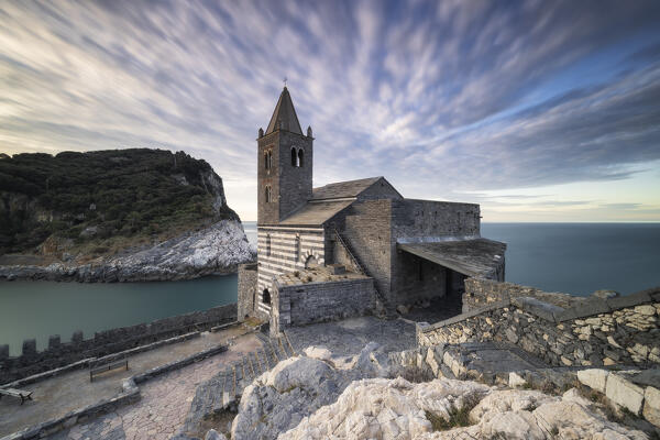 Sunrise on the San Pietro Church, municipality of Portovenere, La Spezia province, Liguria, Italy, Europe