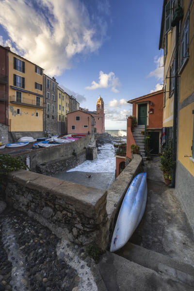 Sunrise over the village of Tellaro, municipality of Lerici, La Spezia province, Liguria district, Italy, Europe