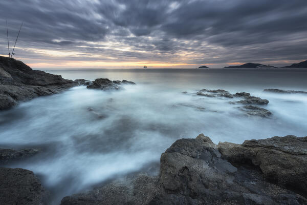 Long exposure on a cloudy day on the Tellaro cliff, municipality of Lerici, La Spezia province, Liguria district, Italy, Europe