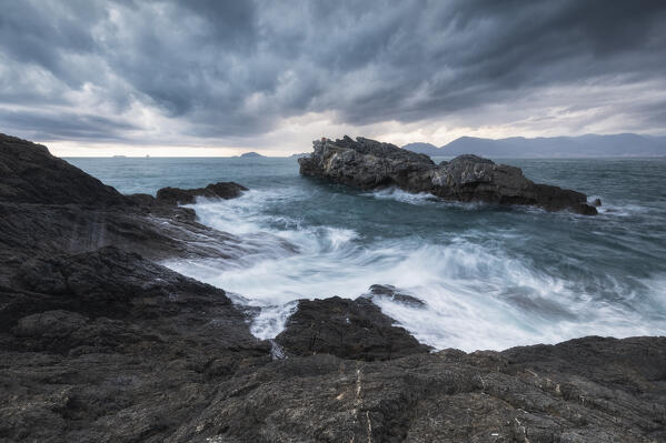 Storm surge on the Tellaro cliff, municipality of Lerici, La Spezia province, Liguria district, Italy, Europe