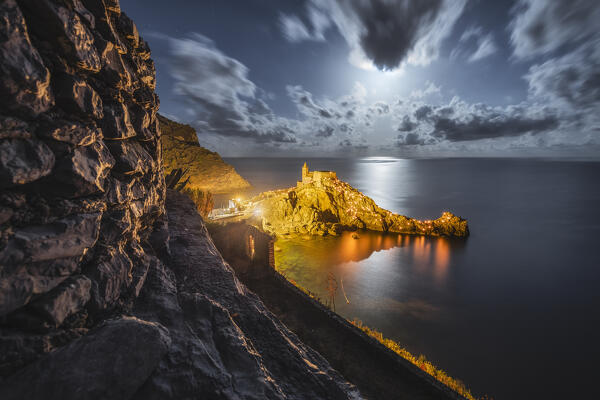 Night on the Church of Portovenere during the event of the Madonna Bianca, municipality of Portovenere, La Spezia province, Liguria, Italy, Europe