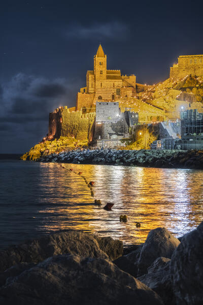 Night on the Church of Portovenere during the event of the Madonna Bianca, municipality of Portovenere, La Spezia province, Liguria, Italy, Europe