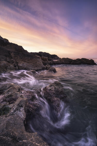 Detail at dawn on the Trigliano cliff in Tellaro, municipality of Lerici, La Spezia province, Liguria district, Italy, Europe
