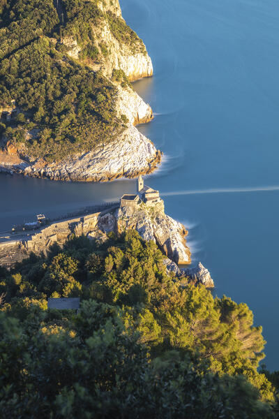 Long exposure during a sunset on the San Pietro Church, municipality of Portovenere, La Spezia province, Liguria, Italy, Europe