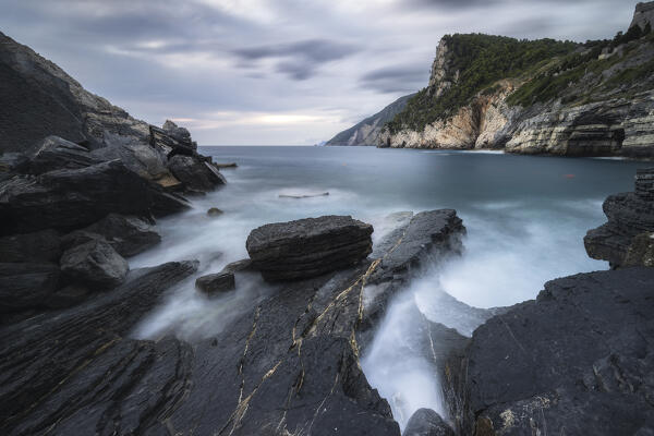 Long exposure on the cliffs of Byron Cave, municipality of Portovenere, La Spezia province, Liguria, Italy, Europe