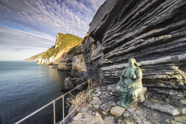 Sunrise with a view of the statue of mother nature in Portovenere, municipality of Portovenere, La Spezia province, Liguria, Italy, Europe