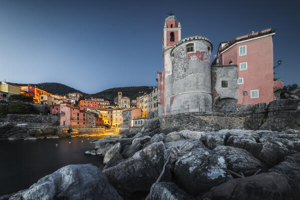 Night on the village of Tellaro and on its Church of San Giorgio,  municipality of Lerici, La Spezia province, Liguria district, Italy, Europe
