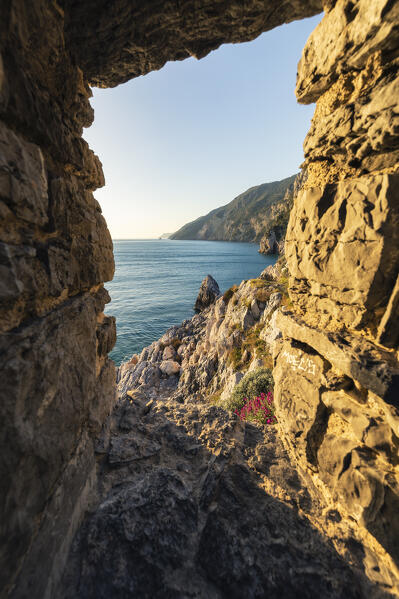 The sunset from one of the windows of Portovenere, La Spezia province, Liguria, Italy, Europe