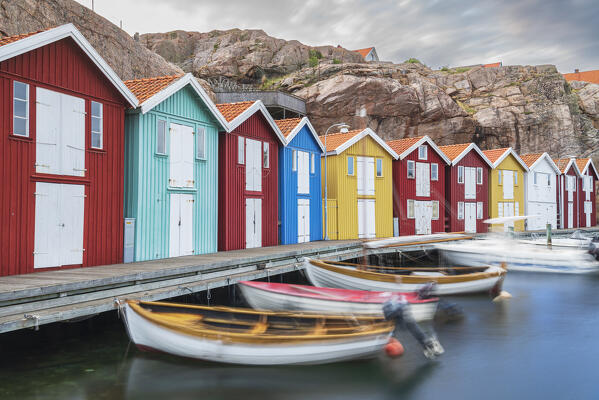 Colorful fishing huts with boats, Smogen, Sotenas municipality, Bohuslan, Vastra Gotaland, West Sweden, Sweden Scandinavia, Europe