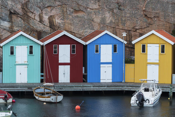 Colorful fishing huts on the pier of the habour (Smögenbryggan)of Smogen, Bohuslan, Vastra Gotaland, West Sweden, Sweden, Scandinavia, Europe