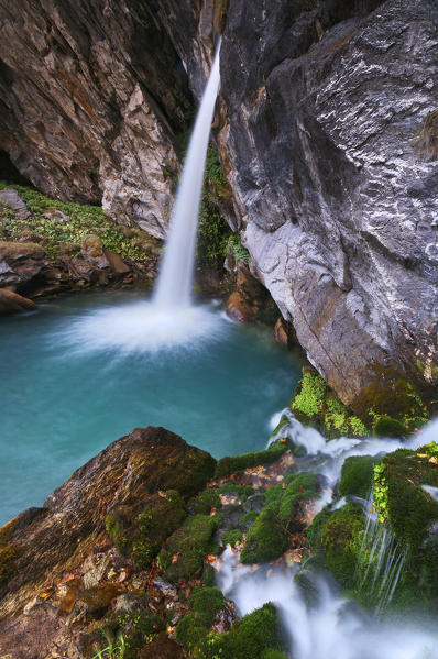 Italy, Piedmont, Cuneo District, Maira Valley- Pis Del Passet waterfall