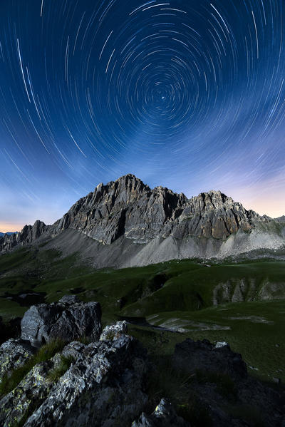 Italy, Piedmont, Cuneo District, Maira Valley - startrail at Rocca la Meja