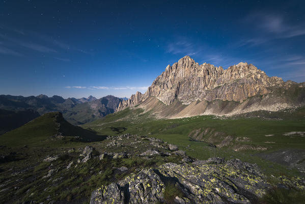 Italy, Piedmont, Cuneo District, Maira Valley - the moonlight on Rocca La Meja