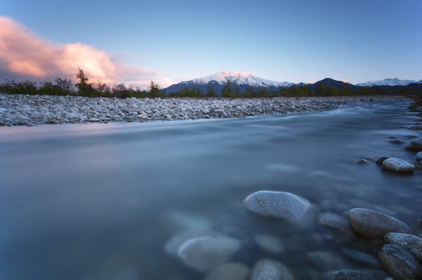 Italy, Piedmont, Cuneo District, Sunset at Gesso River