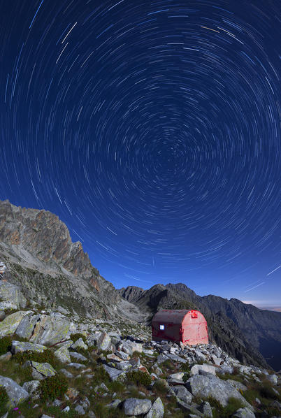 Italy, Piedmont, Cuneo District, Gesso Valley, Alpi Marittime Natural Park, Startrail over the bivouac Guiglia