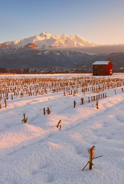 Italy, Piedmont, Cuneo District, winter sunset on the Bisalta peack