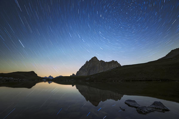 Italy, Piedmont, Cuneo District, Maira Valley - startrail at Rocca la Meja