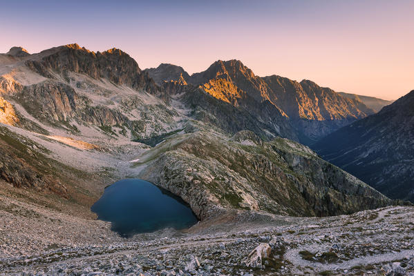 Italy, Piedmont, Cuneo District, Gesso Valley, Alpi Marittime Natural Park, the Fremamorta Lakes at dawn