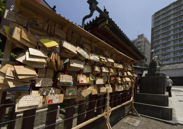 Collection of prayers on wooden tablets of the faithful in the Sensoji Temple. Tokyo, Japan