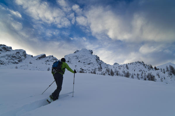 Skier at Munt de Sura, Valgerola, Valtellina, Lombardy, Italy