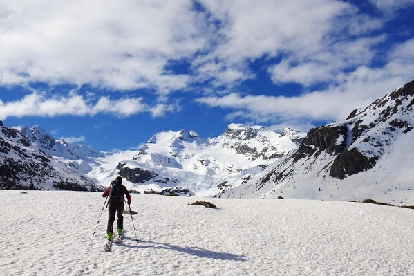 A skier at Alpe Dosdè, Val Viola, Lombardy, Italy