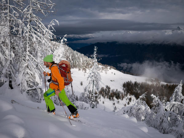 A skier touring in the light of the morning in powder snow, Valgerola, Valtellina, Italy, Alps