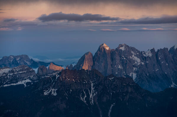 Agner at sunset, view from Punta Rocca (Marmolada). Veneto, Italy, Europe.