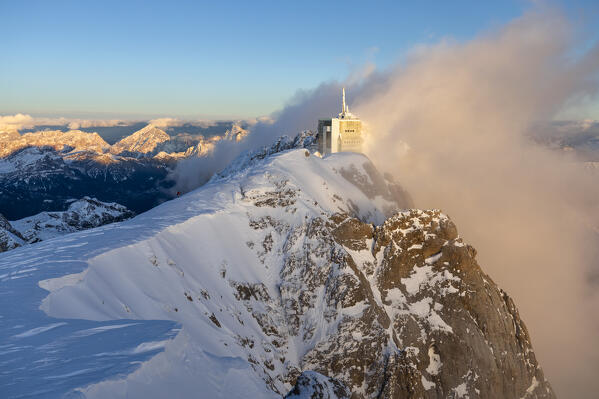 Punta Rocca cable way at sunset. Marmolada, Veneto, Italy, Europe.