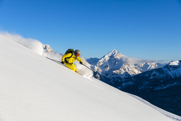 Freeride skiing at Falzarego Pass. Cortina d'Ampezzo, Veneto, Italy.