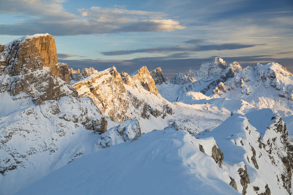 View of the high snowy peaks from the top of the Croda Negra at sunset Dolomites Belluno Province Veneto Italy Europe