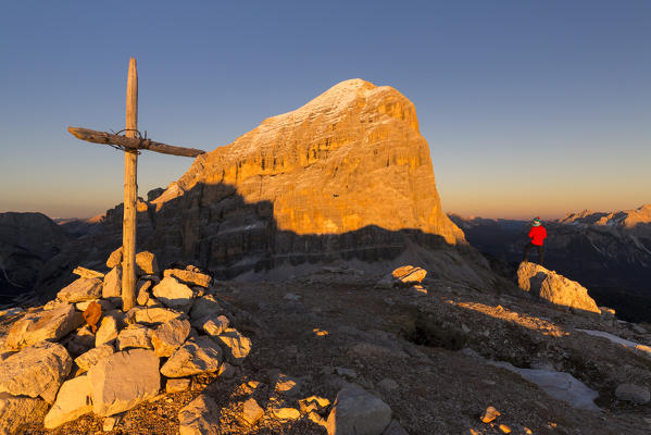 Hiker on top of Col dei Bos, Dolomites, Cortina D'Ampezzo, province of Belluno, Veneto, Italy 