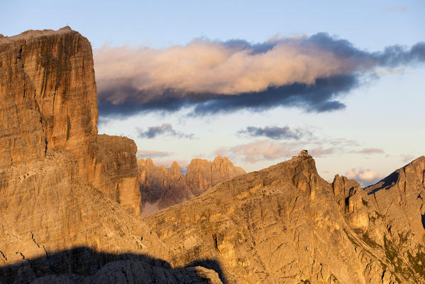 Rifugio Nuvolau at sunset with Averau on its left. Veneto, Italy.