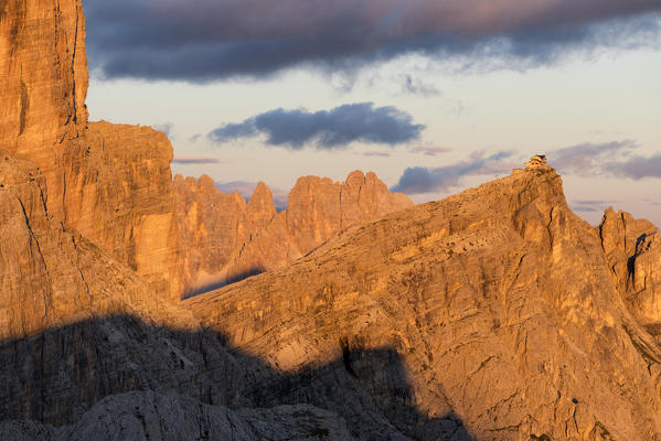 Rifugio Nuvolau at sunset with Averau on its left. Veneto, Italy.