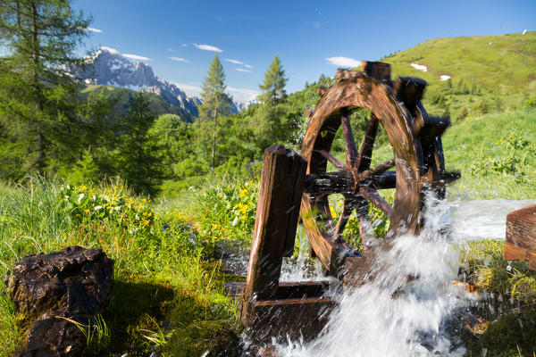 Water of the alpine creek flows across the old wooden mill Fedare Dolomites Belluno Veneto Italy Europe