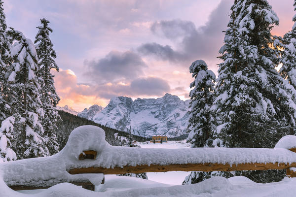 winter landscape of Misurina at sunset with Dolomites on background, Auronzo di Cadore, Belluno, Veneto, Italy