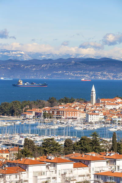 Europe, Slovenia, Istria. High angle view of the bay and marina of Izola, Slovenian Littoral