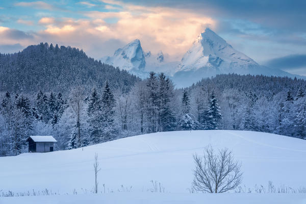 bavarian alpine countryside in winter with watzmann mount, municipality of Berchtesgaden, Berchtesgadener Land district, Upper Bavaria, Bavaria, Germany