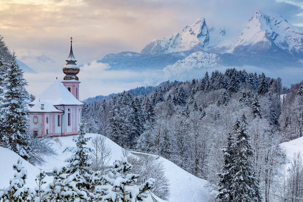 Pilgrimage church Maria Gern in winter and Watzmann in background, Berchtesgaden, Bavaria, Germany, Europe