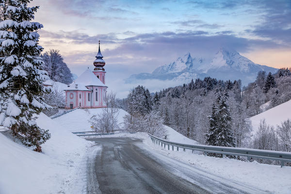 Pilgrimage church Maria Gern in winter and Watzmann in background, Berchtesgaden, Bavaria, Germany, Europe