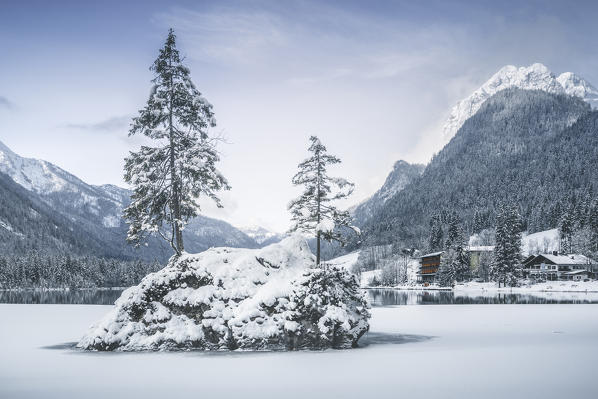 Hintersee lake in winter, Hintersee, Berchtesgaden, Bavaria, Germany