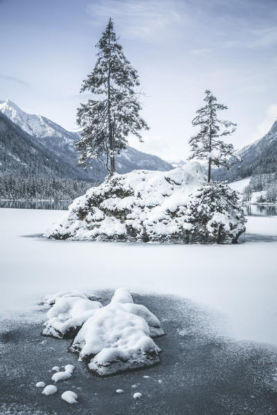 Hintersee lake in winter, Hintersee, Berchtesgaden, Bavaria, Germany