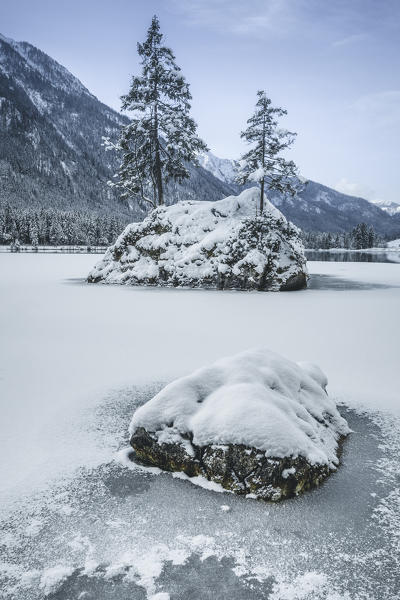 Winter at Hintersee lake, Hintersee, Berchtesgaden, Bavaria, Germany