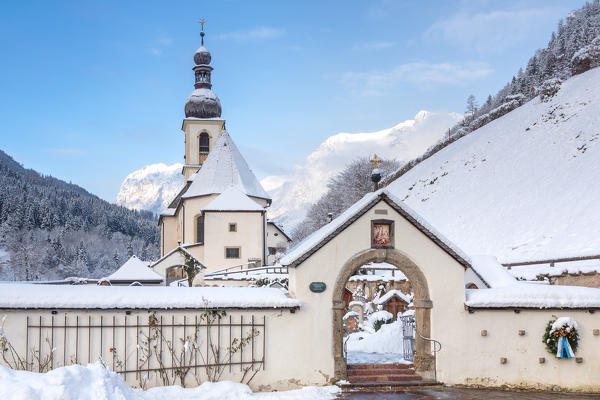 Parish Church of St. Sebastian, Ramsau near Berchtesgaden in winter, Berchtesgadener Land district, Upper Bavaria, Bavaria, Germany