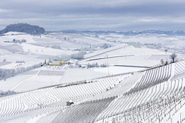 Langhe, Cuneo district, Piedmont, Italy. Langhe wine region winter snow