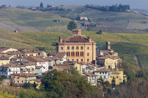 Langhe, Cuneo district, Piedmont, Italy. Autumn in the Langhe wine region, Barolo Castle 