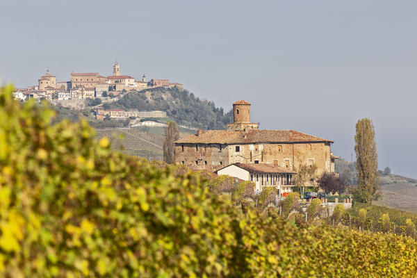 Langhe, Cuneo district, Piedmont, Italy. Autumn in the Langhe wine region, Della Volta castle on background La Morra village