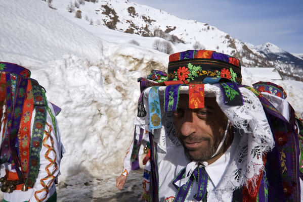 Varaita valley,Cuneo,Bellino,Piedmont,Italy. Alpine carnival La Beo de Blins