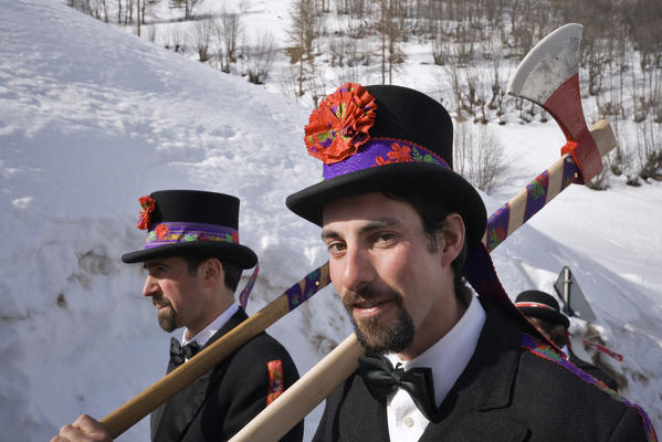 Varaita valley,Cuneo,Bellino,Piedmont,Italy. Alpine carnival La Beo de Blins