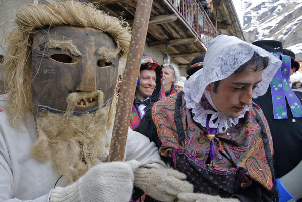 Varaita valley,Cuneo,Bellino,Piedmont,Italy. Alpine carnival La Beo de Blins