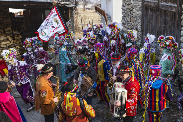 Aosta valley, Gignod, Italy. Alpine carnival Coumba Freida
